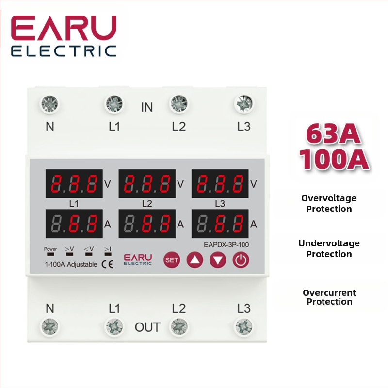 Trifazė įtampos virš/žemos apsauga su skaitmeniniu ekranu, reguliuojamas srovė, automatinis atstatymas, 63A/100A