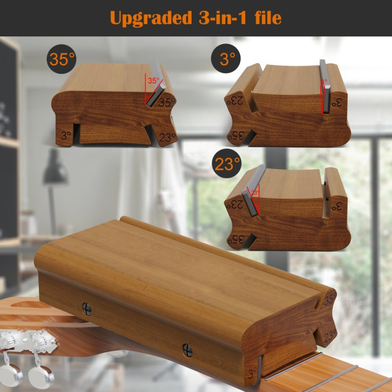 Файл за фретове за китара и бас – 4-в-1 файл за фретове, крайни ъгли 3/23/35/90°, плоско сечение, двойна шарка, фини зъби