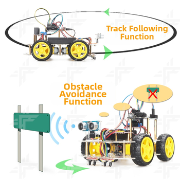 Arduino Uno-съвместим комплект за интелигентна кола-робот с ултразвуково избягване на препятствия и програмиране за проследяване на линия