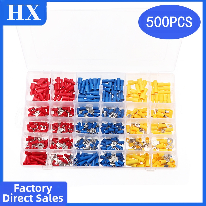 Together Predizolovaný káblový terminálový set, studené lisovanie, okrúhle vidlicové terminály, vodotesné meď terminály, sada 500 kusov, v krabici