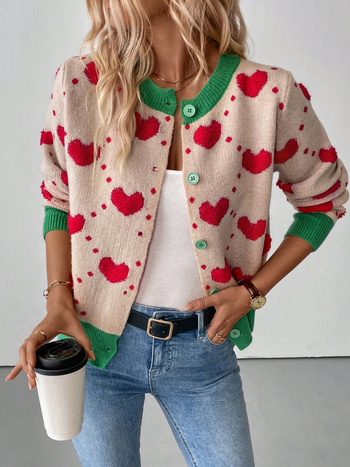 Pletený cardigan s motívom srdca háčkovaným vzorom a 3D žakardom, voľný strih, okrúhly výstrih, dlhé rukávy