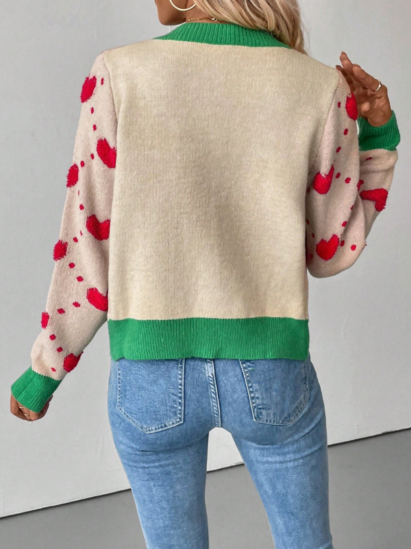 Pletený cardigan s motívom srdca háčkovaným vzorom a 3D žakardom, voľný strih, okrúhly výstrih, dlhé rukávy