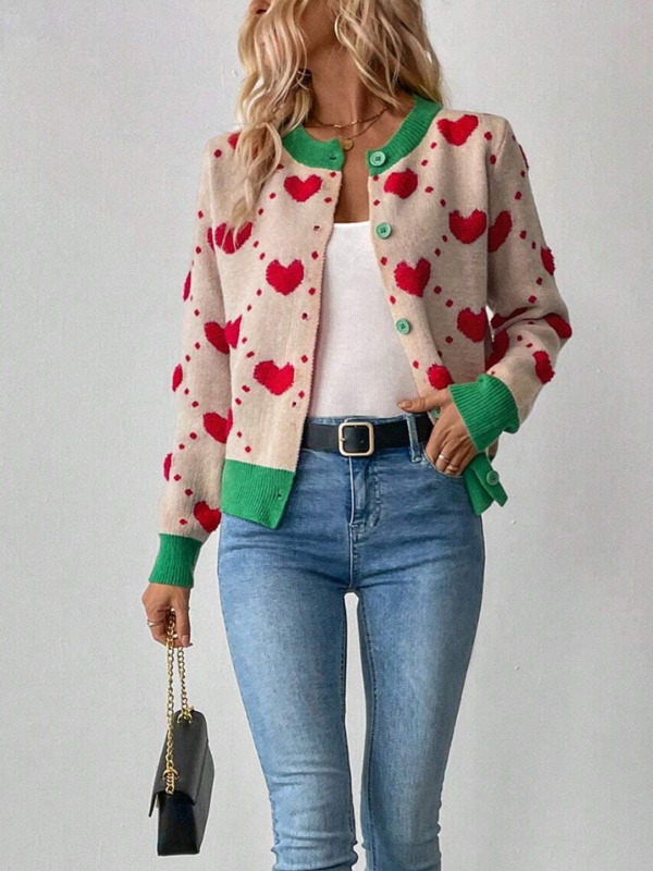 Pletený cardigan s motívom srdca háčkovaným vzorom a 3D žakardom, voľný strih, okrúhly výstrih, dlhé rukávy