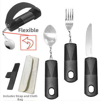 Nerūdijančio plieno 430 valgio įrankių rinkinys su gumine rankena, sulankstomas ir prisitaikantis vyresniems – peilis, šakutė ir šaukštas