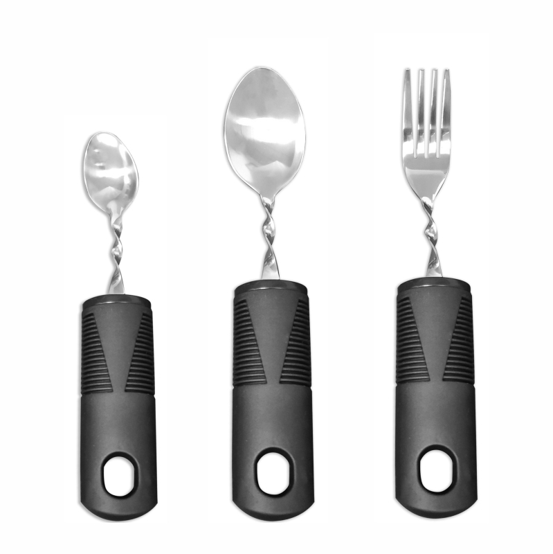 Nerūdijančio plieno 430 valgio įrankių rinkinys su gumine rankena, sulankstomas ir prisitaikantis vyresniems – peilis, šakutė ir šaukštas