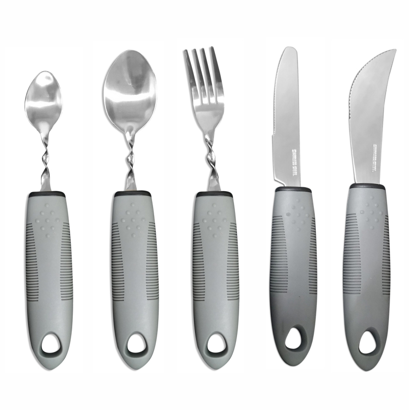 Nerūdijančio plieno 430 valgio įrankių rinkinys su gumine rankena, sulankstomas ir prisitaikantis vyresniems – peilis, šakutė ir šaukštas