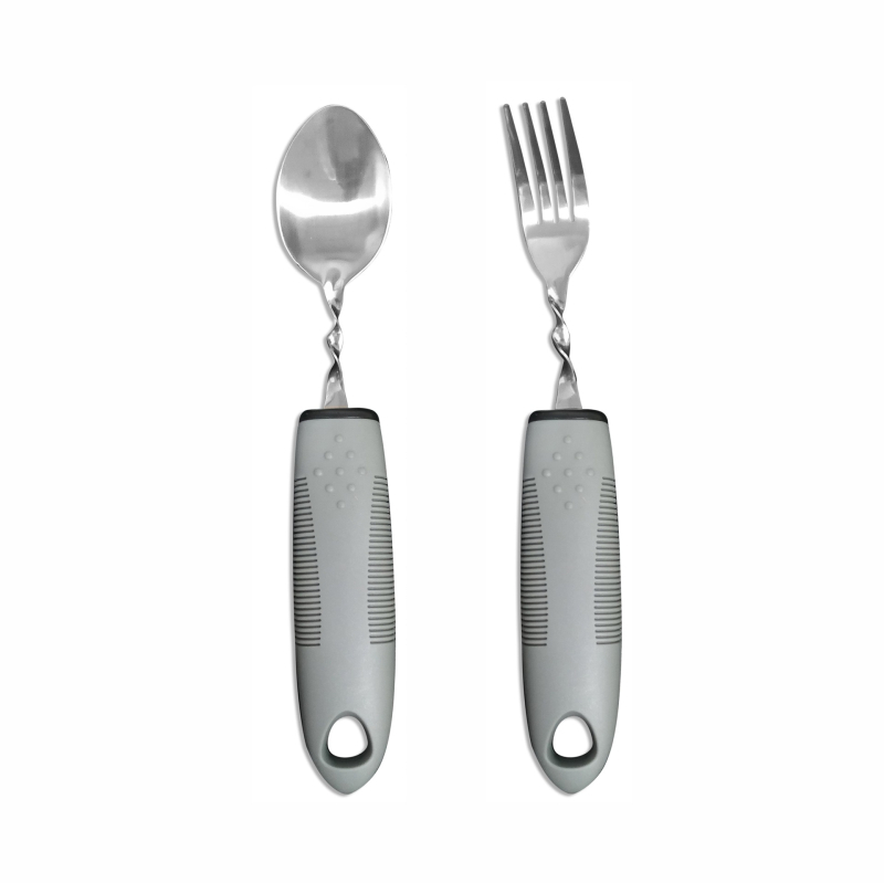 Nerūdijančio plieno 430 valgio įrankių rinkinys su gumine rankena, sulankstomas ir prisitaikantis vyresniems – peilis, šakutė ir šaukštas