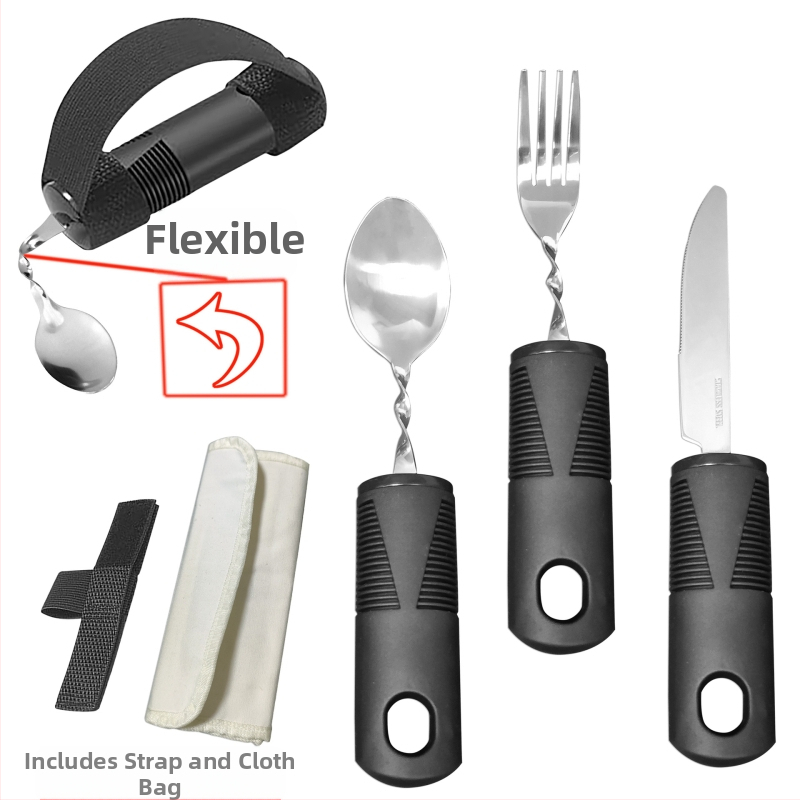 Set riadu na jedenie zo 430 nerezovej ocele s gumovou rukoväťou, skladateľný a prispôsobiteľný pre seniorov – nôž, vidlička a lyžica