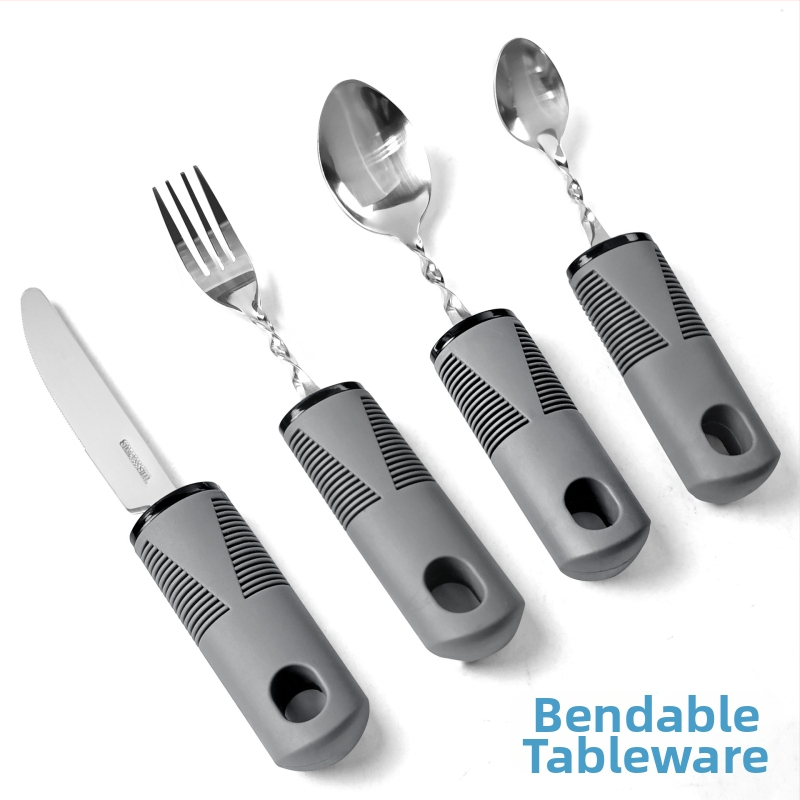 Set riadu na jedenie zo 430 nerezovej ocele s gumovou rukoväťou, skladateľný a prispôsobiteľný pre seniorov – nôž, vidlička a lyžica