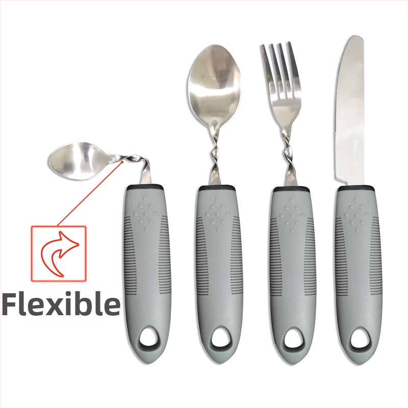 Set riadu na jedenie zo 430 nerezovej ocele s gumovou rukoväťou, skladateľný a prispôsobiteľný pre seniorov – nôž, vidlička a lyžica