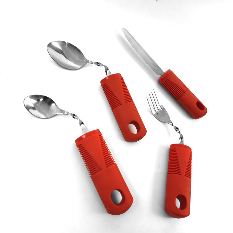 Nerūdijančio plieno 430 valgio įrankių rinkinys su gumine rankena, sulankstomas ir prisitaikantis vyresniems – peilis, šakutė ir šaukštas