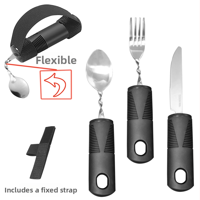 Nerūdijančio plieno 430 valgio įrankių rinkinys su gumine rankena, sulankstomas ir prisitaikantis vyresniems – peilis, šakutė ir šaukštas