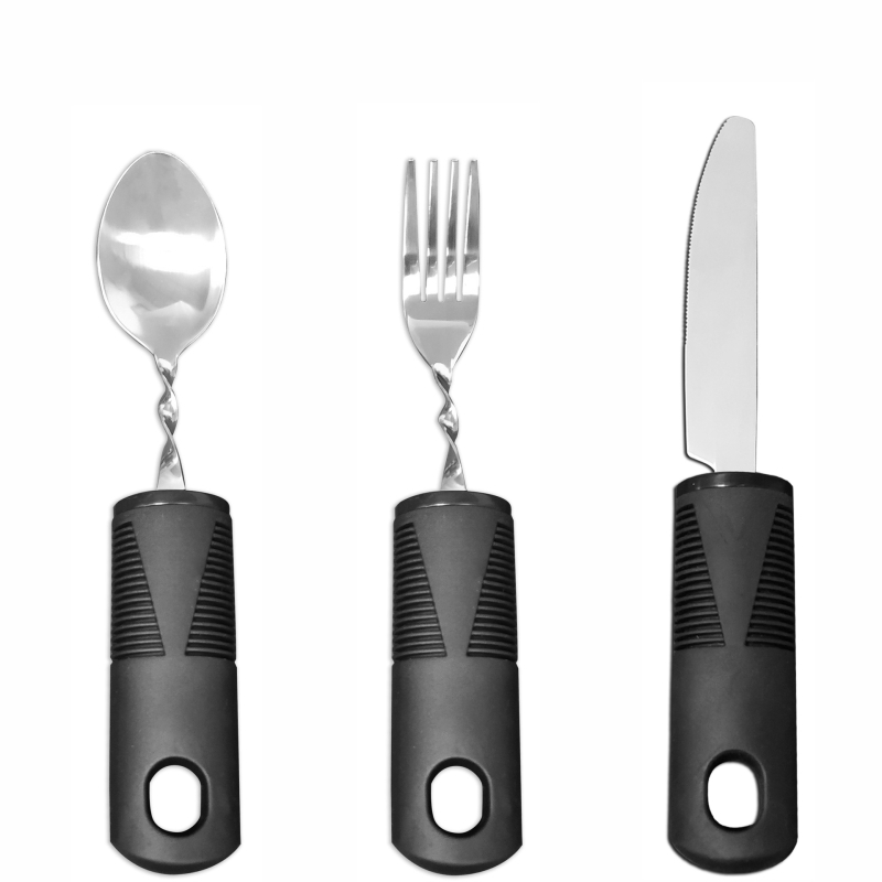 Nerūdijančio plieno 430 valgio įrankių rinkinys su gumine rankena, sulankstomas ir prisitaikantis vyresniems – peilis, šakutė ir šaukštas