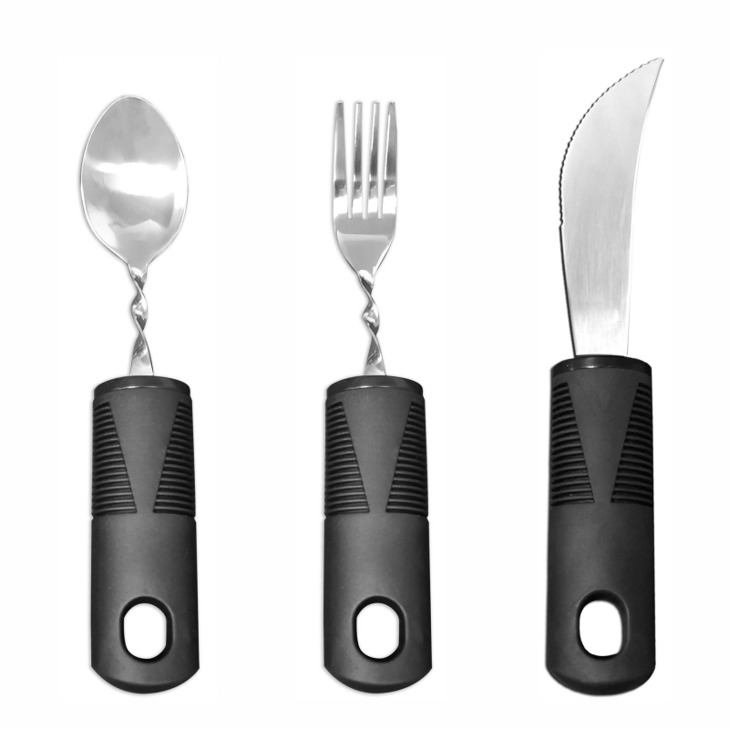 Nerūdijančio plieno 430 valgio įrankių rinkinys su gumine rankena, sulankstomas ir prisitaikantis vyresniems – peilis, šakutė ir šaukštas