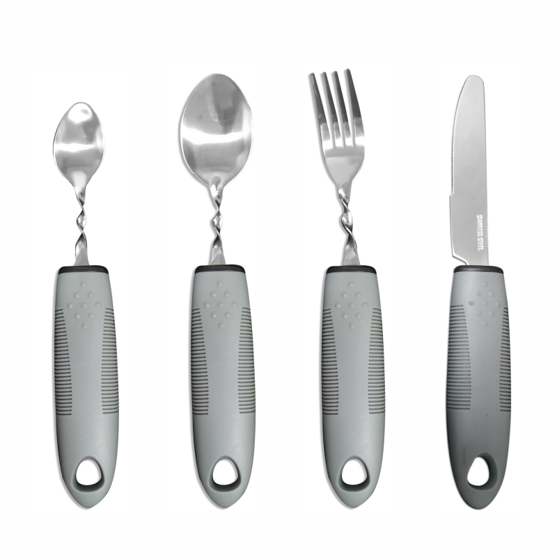 Nerūdijančio plieno 430 valgio įrankių rinkinys su gumine rankena, sulankstomas ir prisitaikantis vyresniems – peilis, šakutė ir šaukštas