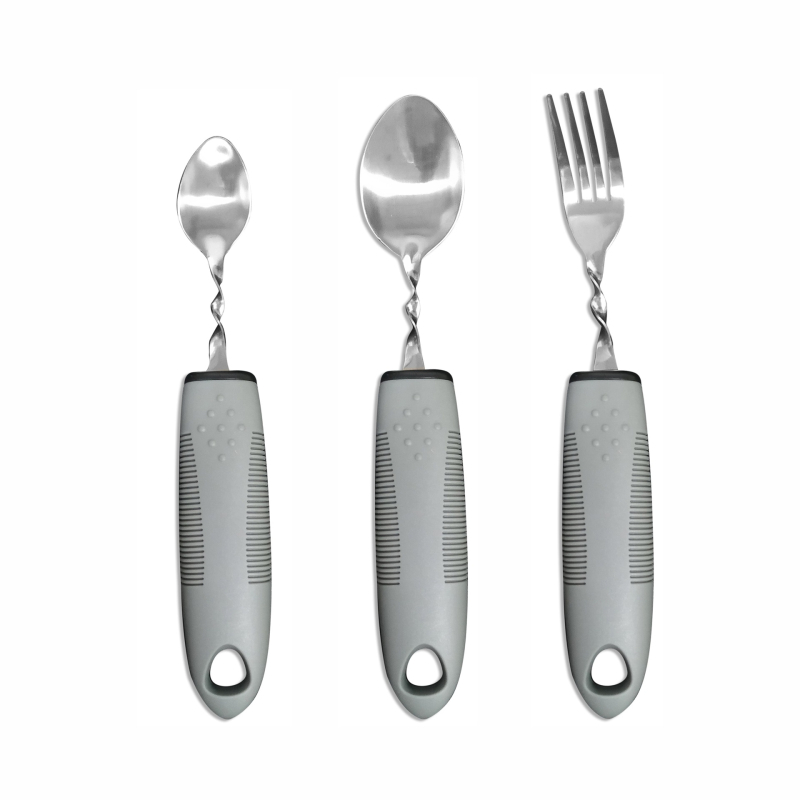 Nerūdijančio plieno 430 valgio įrankių rinkinys su gumine rankena, sulankstomas ir prisitaikantis vyresniems – peilis, šakutė ir šaukštas