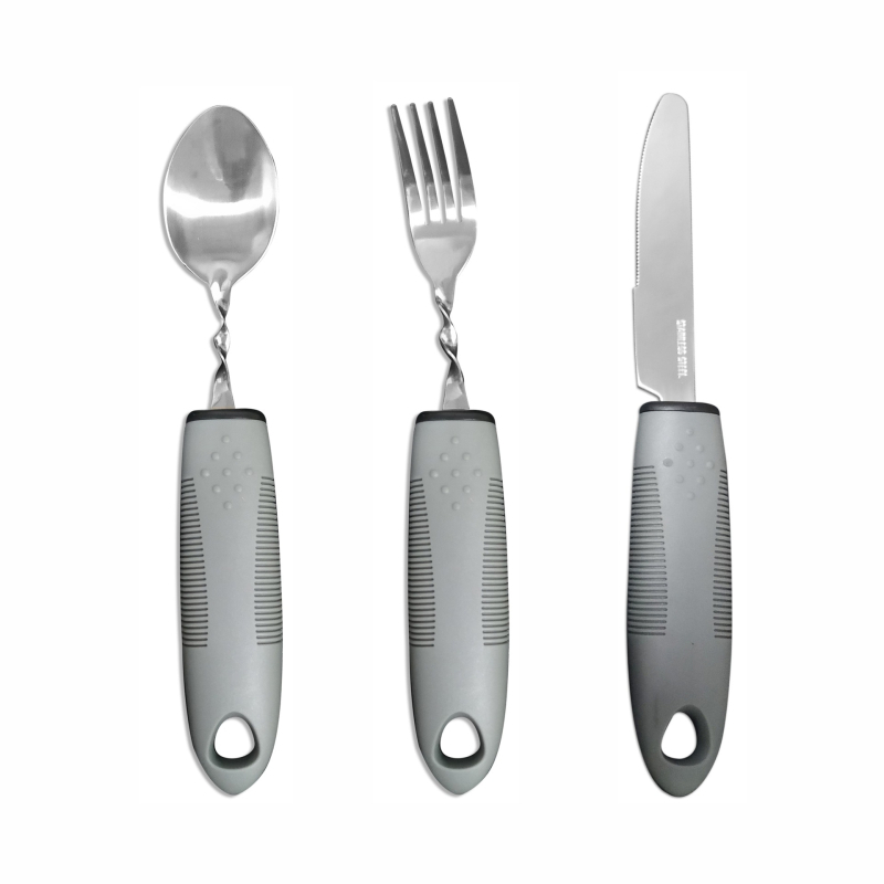 Nerūdijančio plieno 430 valgio įrankių rinkinys su gumine rankena, sulankstomas ir prisitaikantis vyresniems – peilis, šakutė ir šaukštas