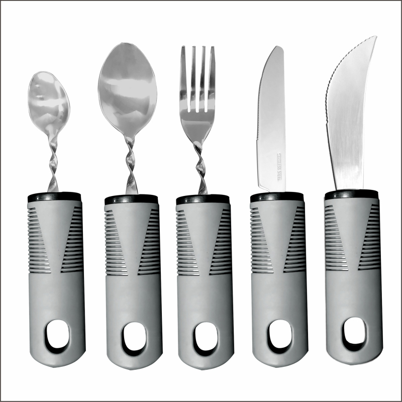 Nerūdijančio plieno 430 valgio įrankių rinkinys su gumine rankena, sulankstomas ir prisitaikantis vyresniems – peilis, šakutė ir šaukštas