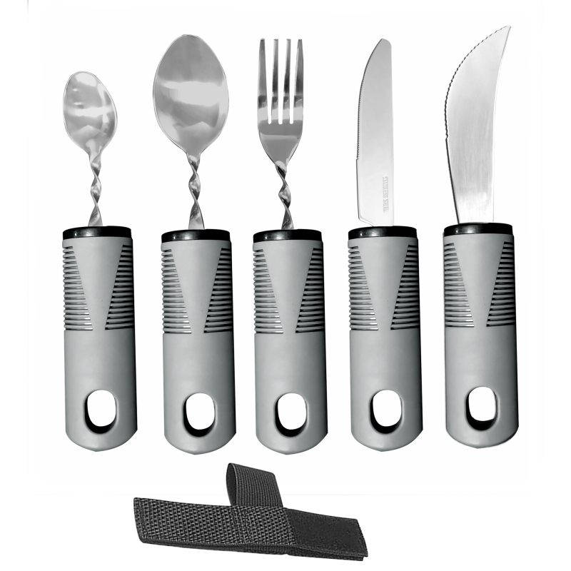 Nerūdijančio plieno 430 valgio įrankių rinkinys su gumine rankena, sulankstomas ir prisitaikantis vyresniems – peilis, šakutė ir šaukštas