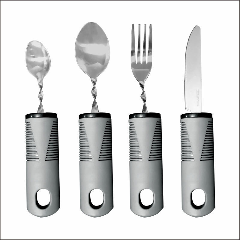 Nerūdijančio plieno 430 valgio įrankių rinkinys su gumine rankena, sulankstomas ir prisitaikantis vyresniems – peilis, šakutė ir šaukštas