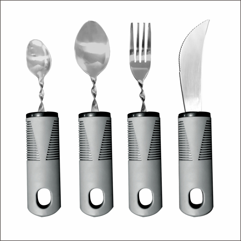 Nerūdijančio plieno 430 valgio įrankių rinkinys su gumine rankena, sulankstomas ir prisitaikantis vyresniems – peilis, šakutė ir šaukštas