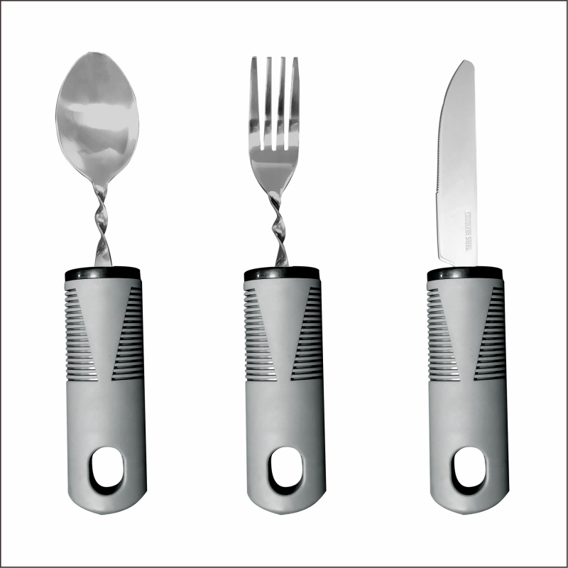 Nerūdijančio plieno 430 valgio įrankių rinkinys su gumine rankena, sulankstomas ir prisitaikantis vyresniems – peilis, šakutė ir šaukštas