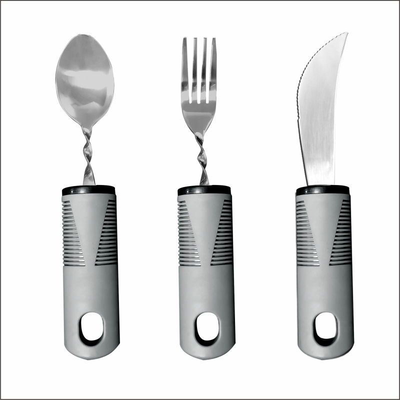 Nerūdijančio plieno 430 valgio įrankių rinkinys su gumine rankena, sulankstomas ir prisitaikantis vyresniems – peilis, šakutė ir šaukštas