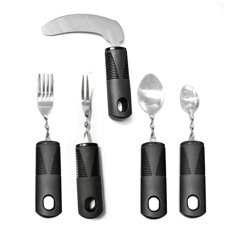 Nerūdijančio plieno 430 valgio įrankių rinkinys su gumine rankena, sulankstomas ir prisitaikantis vyresniems – peilis, šakutė ir šaukštas