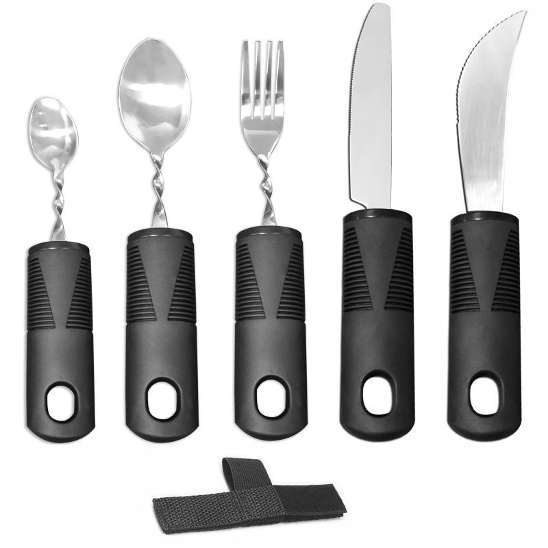 Nerūdijančio plieno 430 valgio įrankių rinkinys su gumine rankena, sulankstomas ir prisitaikantis vyresniems – peilis, šakutė ir šaukštas