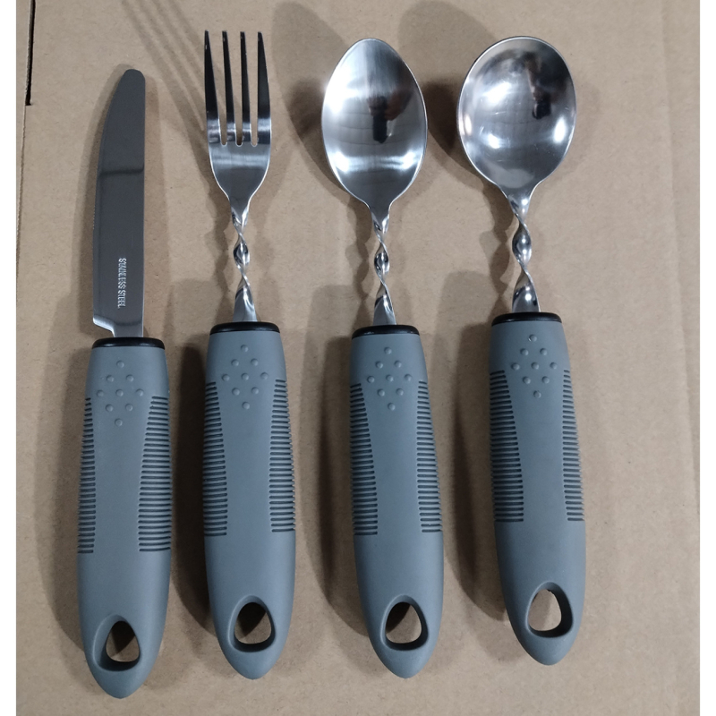 Nerūdijančio plieno 430 valgio įrankių rinkinys su gumine rankena, sulankstomas ir prisitaikantis vyresniems – peilis, šakutė ir šaukštas