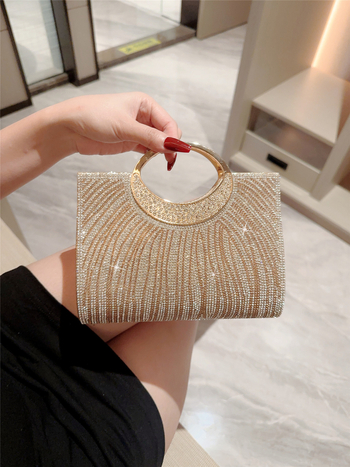 Вечерна чанта с кристални ивици, малък квадрат, хоризонтална форма, магнитно закопчаване, носене: ръчно/през рамо/кръстосано