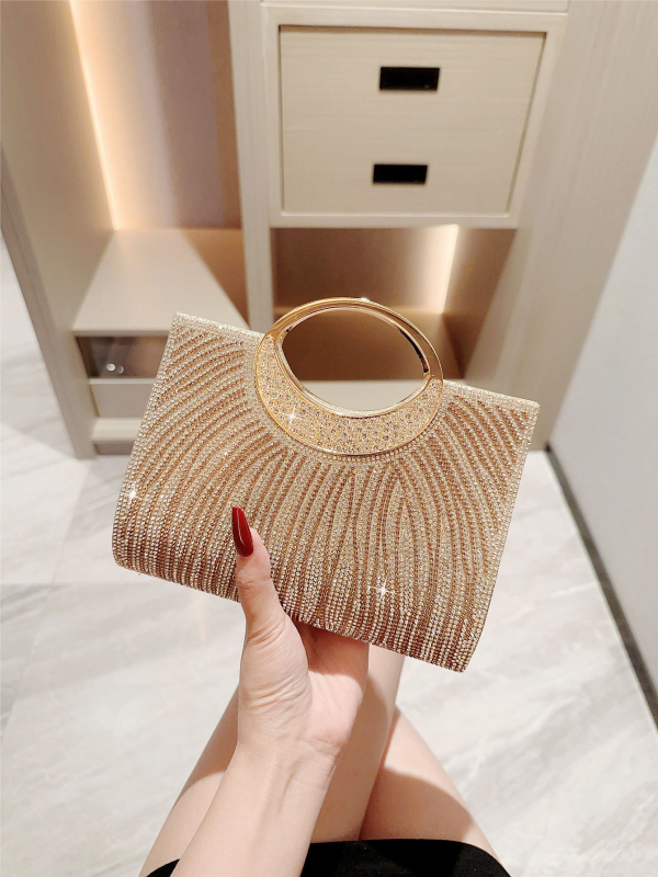 Вечерна чанта с кристални ивици, малък квадрат, хоризонтална форма, магнитно закопчаване, носене: ръчно/през рамо/кръстосано