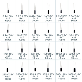 500 броя електролитни кондензатори комплект, DIP корпус, 0,1–1000µF, 10–50V, толеранс ±10%