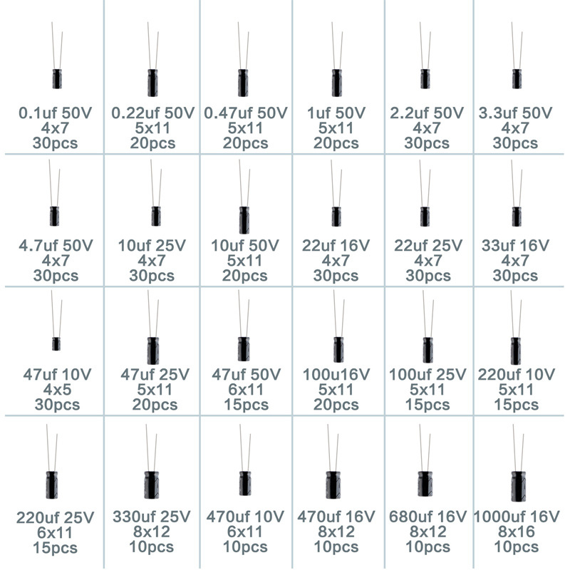 500 броя електролитни кондензатори комплект, DIP корпус, 0,1–1000µF, 10–50V, толеранс ±10%
