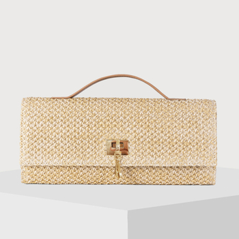 Slamená pletená crossbody taška, mestský minimalizmus, vodorovný štvorcový tvar, zapínanie na zámok, podšívka z polyésteru