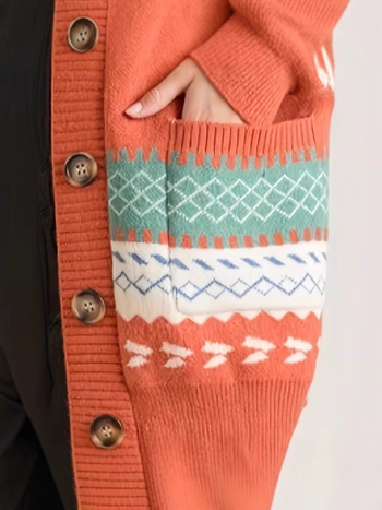 Polyesterový cardigan s geometrickým jacquardom, voľný strih, V- výstrih, stredná dĺžka, retro štýl