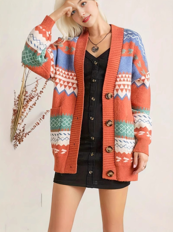 Polyesterový cardigan s geometrickým jacquardom, voľný strih, V- výstrih, stredná dĺžka, retro štýl