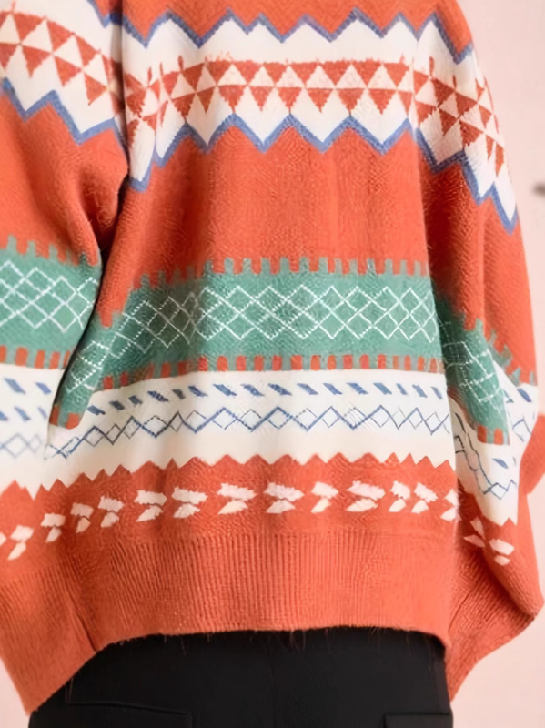 Polyesterový cardigan s geometrickým jacquardom, voľný strih, V- výstrih, stredná dĺžka, retro štýl