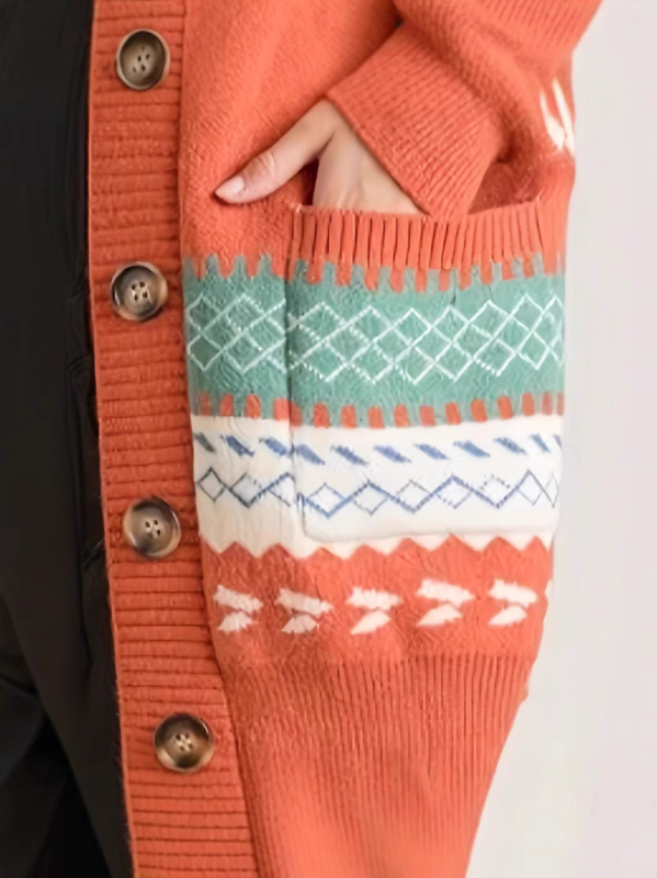 Polyesterový cardigan s geometrickým jacquardom, voľný strih, V- výstrih, stredná dĺžka, retro štýl