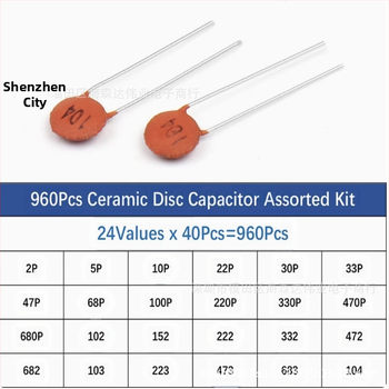 Кутия за керамични чип-капацитори, 960 бр., 24 стойности, 2pF–100nF, по 40 бр. за стойност, с жични изводи, разстояние между изводите 38,9 мм