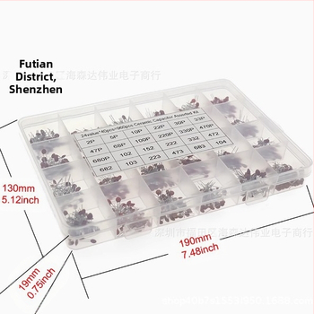 Кутия за керамични чип-капацитори, 960 бр., 24 стойности, 2pF–100nF, по 40 бр. за стойност, с жични изводи, разстояние между изводите 38,9 мм