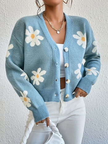 Daisy jacquard pleteni kardigan – poliester tkanina, 95%+ poliester, V-izrez, dugi rukavi, casual stil japansko-korejski