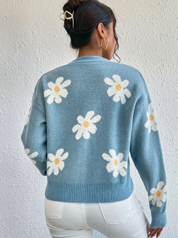Daisy jacquard pleteni kardigan – poliester tkanina, 95%+ poliester, V-izrez, dugi rukavi, casual stil japansko-korejski