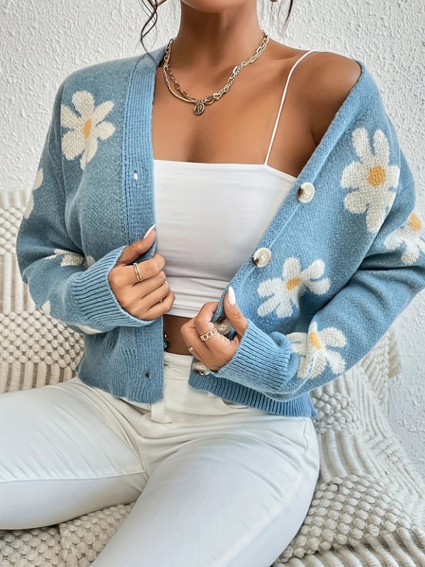 Daisy jacquard pleteni kardigan – poliester tkanina, 95%+ poliester, V-izrez, dugi rukavi, casual stil japansko-korejski