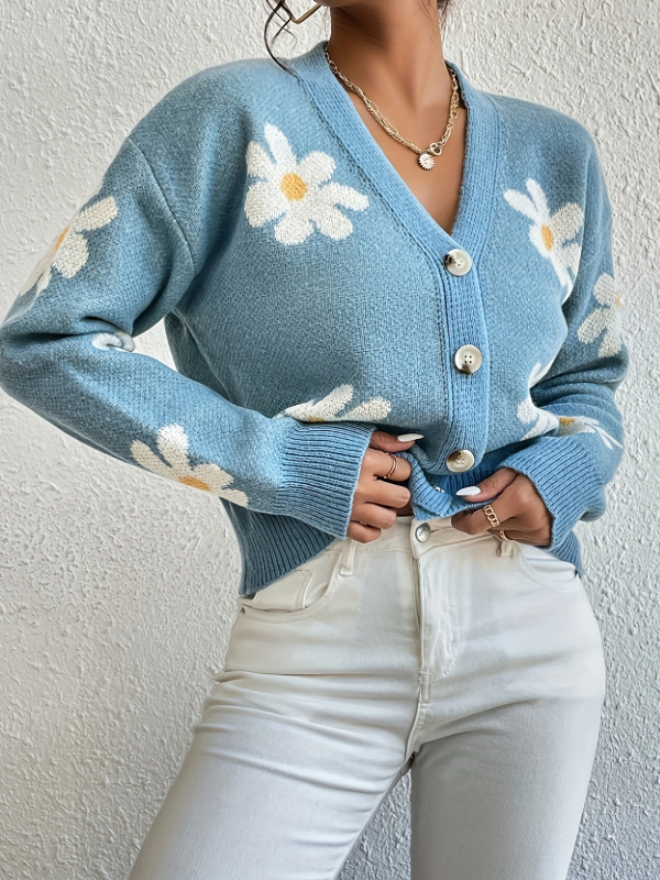 Daisy jacquard pleteni kardigan – poliester tkanina, 95%+ poliester, V-izrez, dugi rukavi, casual stil japansko-korejski