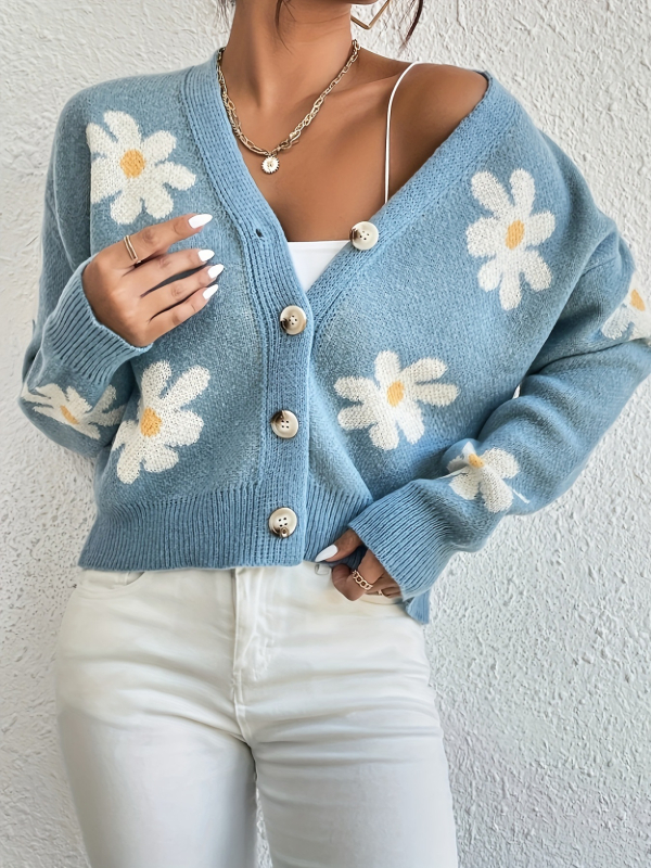 Daisy jacquard pleteni kardigan – poliester tkanina, 95%+ poliester, V-izrez, dugi rukavi, casual stil japansko-korejski