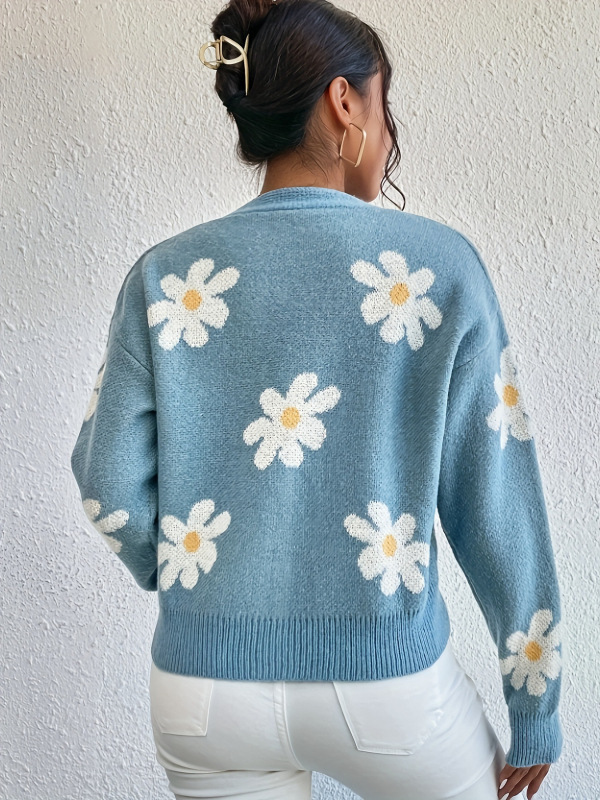 Daisy jacquard pleteni kardigan – poliester tkanina, 95%+ poliester, V-izrez, dugi rukavi, casual stil japansko-korejski