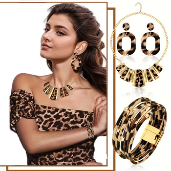 Σετ κοσμημάτων από κράμα με λεοπάρ μοτίβο – κολιέ, βραχιόλι και oversized σκουλαρίκια, κατασκευασμένο με ημιχειροποίητη και ημιμηχανολογική τεχνική (γυναικείων αξεσουάρ)