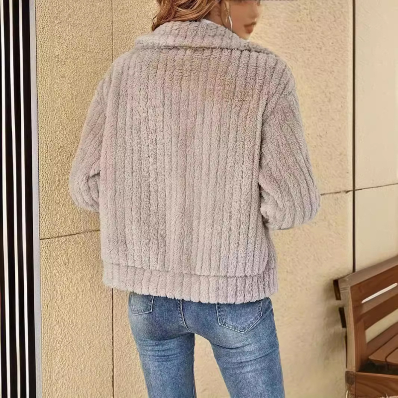 Moteriškas tweed paltas su triušio kailio apykakle, 3D raštas, laisvas kirpimo, poliesterio audinys, užtrauktukas