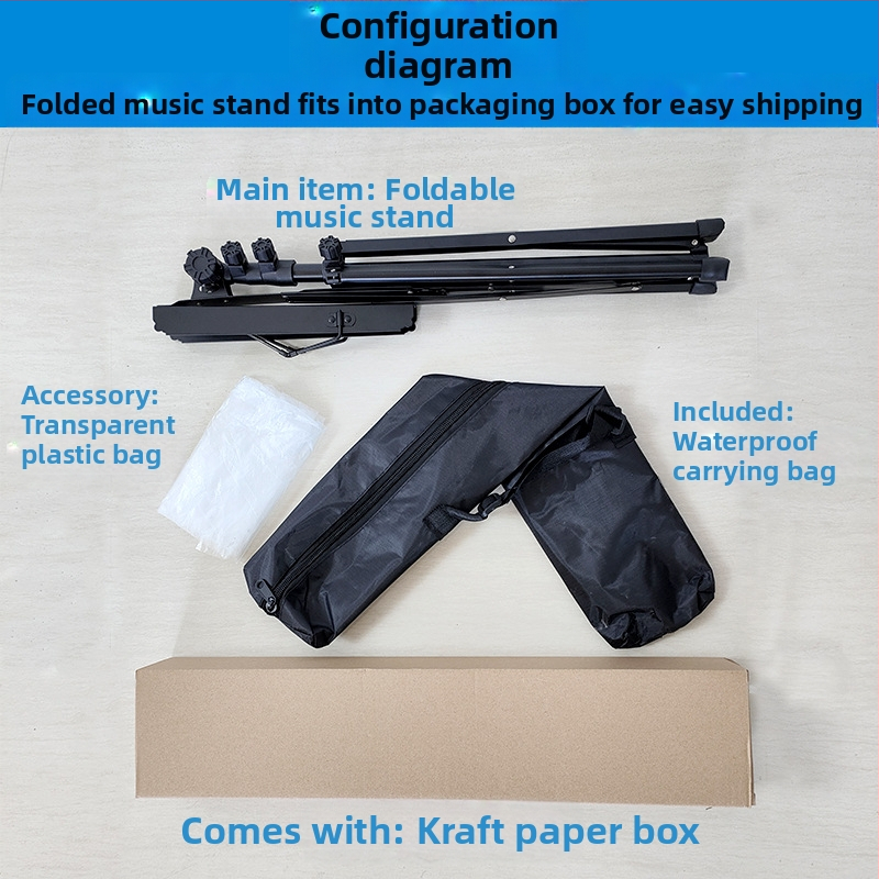 Sklopný kovový stojan na noty s nastaviteľnou výškou a prenosnou taškou — konštrukcia z železa a gumy, model 03, príslušenstvo pre saxofón